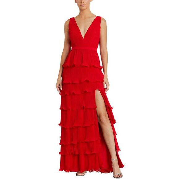 Mac Duggal Dresses & Skirts - Mac Duggal Vibrant Red V-Neck Tiered Ruffle Maxi Dress